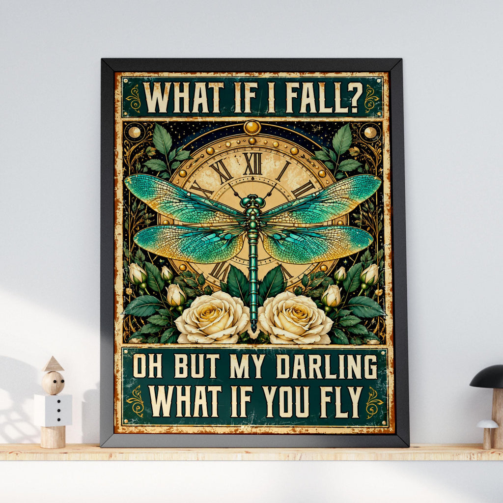Vintage Dragonfly Clock Poster, Inspirational Quote Wall Art Print