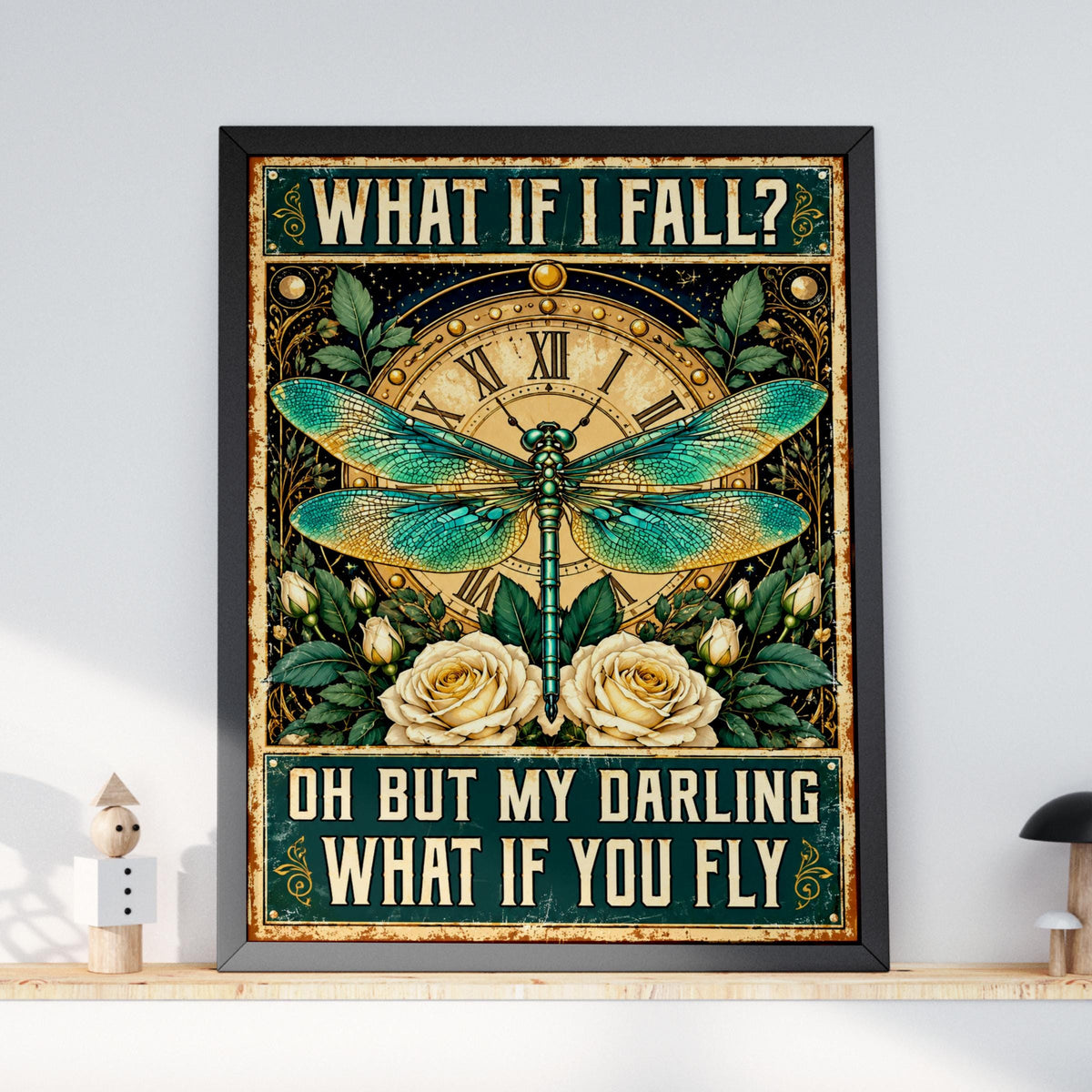 Vintage Dragonfly Clock Poster, Inspirational Quote Wall Art Print