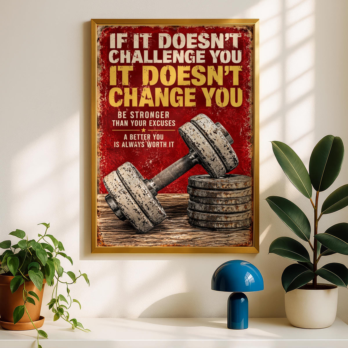 Gym Motivational Quote Poster, Challenge Change Stronger, Vintage Dumbbell Wall Art Print