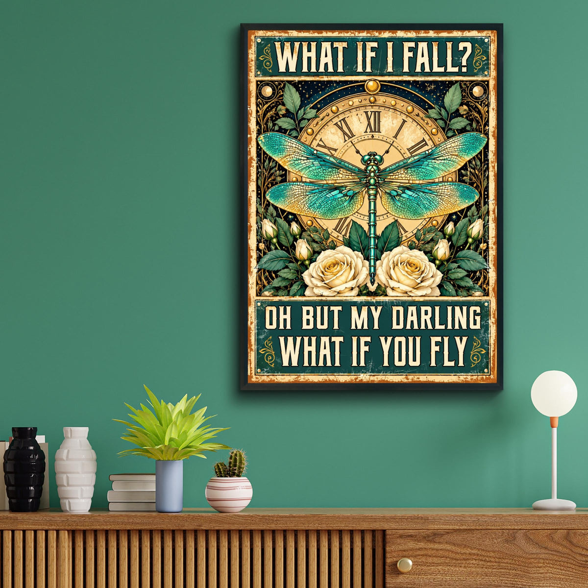 Vintage Dragonfly Clock Poster, Inspirational Quote Wall Art Print