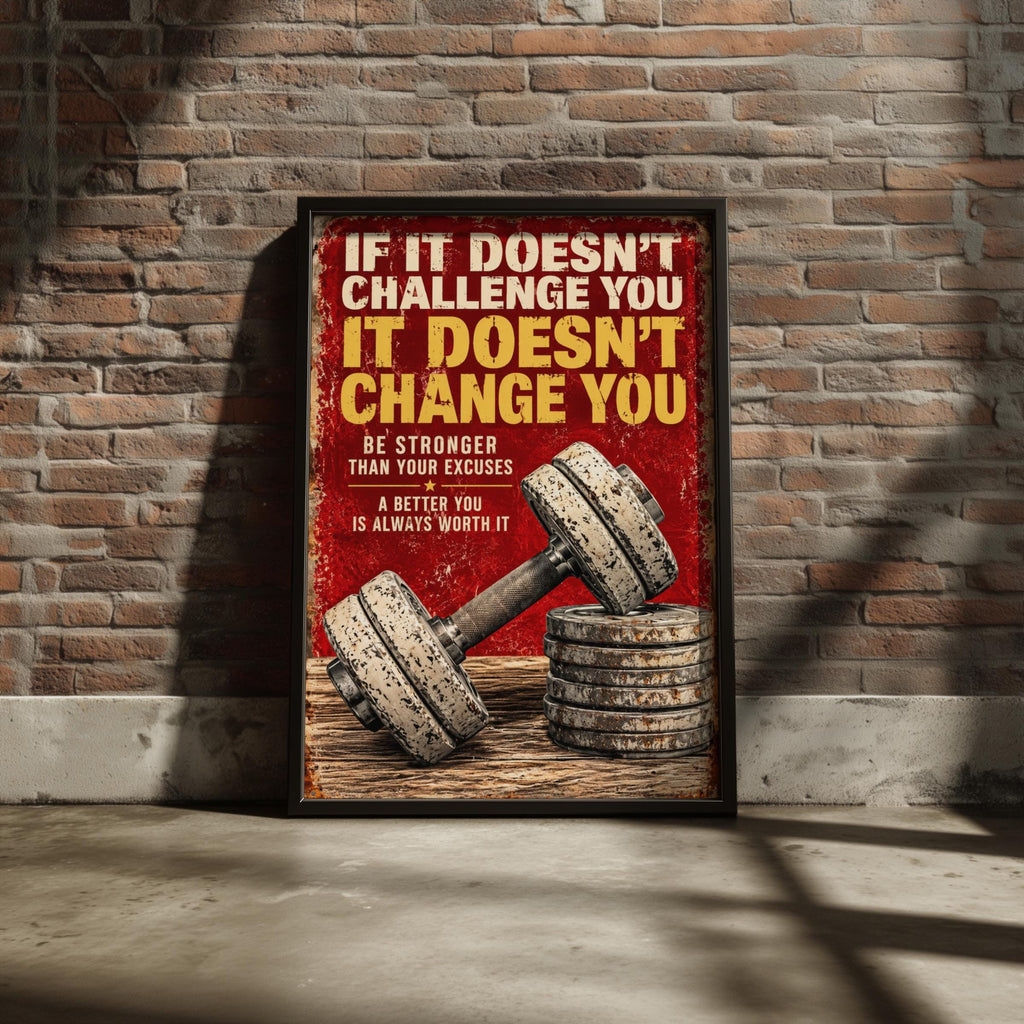 Gym Motivational Quote Poster, Challenge Change Stronger, Vintage Dumbbell Wall Art Print