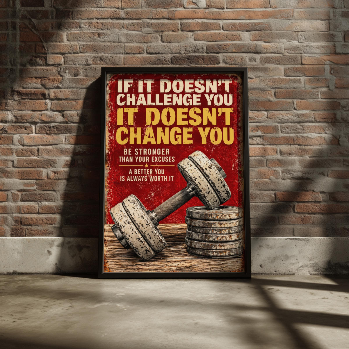 Gym Motivational Quote Poster, Challenge Change Stronger, Vintage Dumbbell Wall Art Print