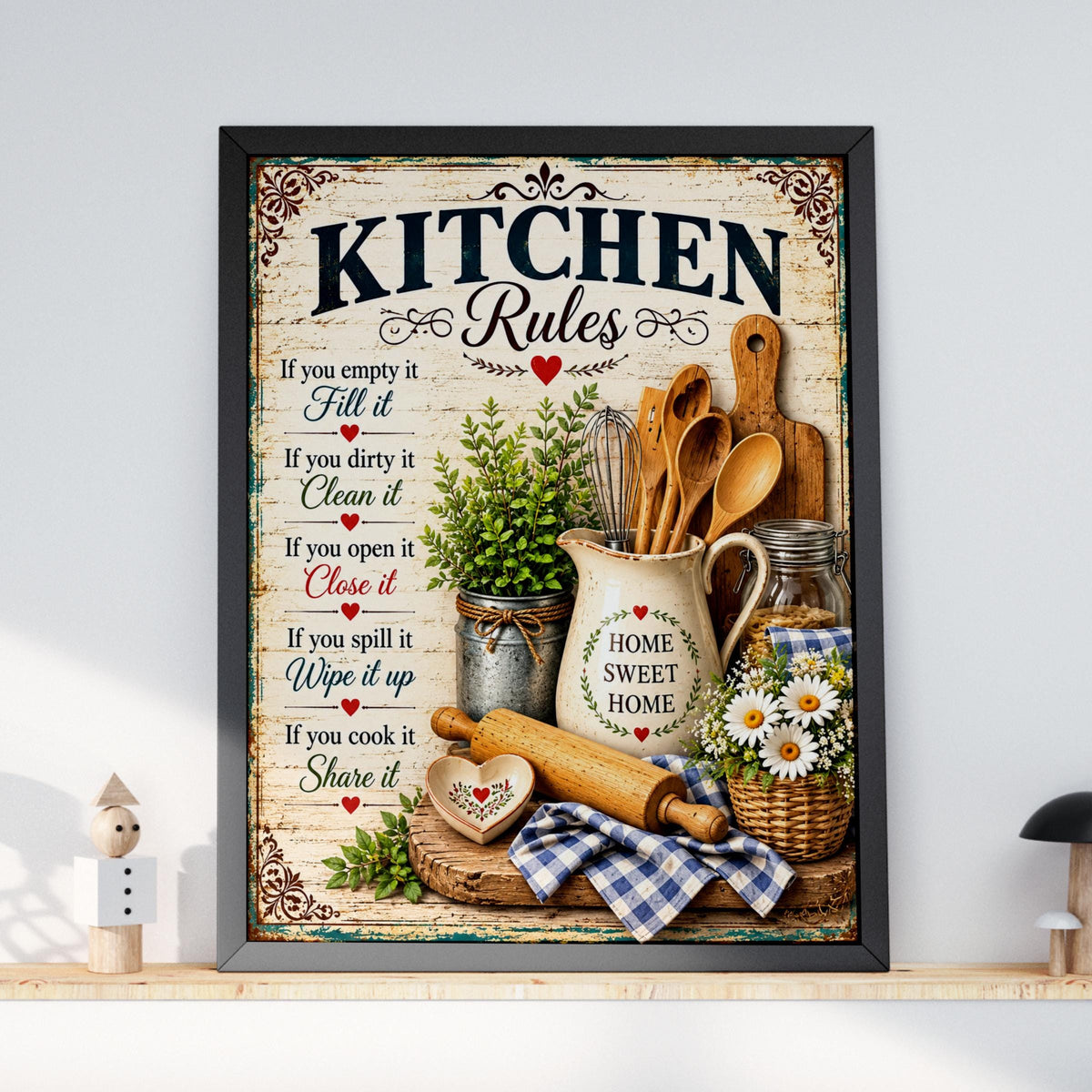 Vintage Kitchen Rules Poster, Farmhouse Home Sweet Home Wall Art Print