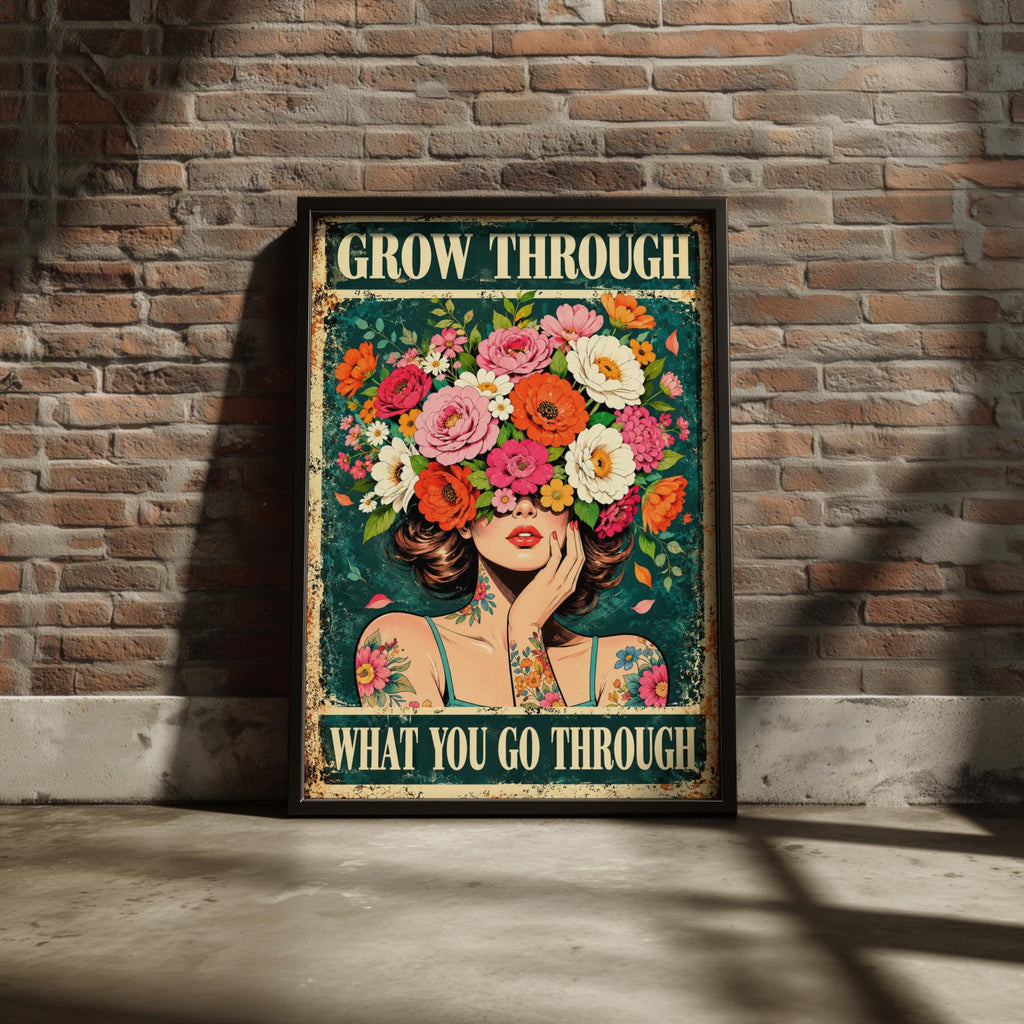 Grow Through What You Go Through Poster, Floral Woman Motivational Wall Art Print