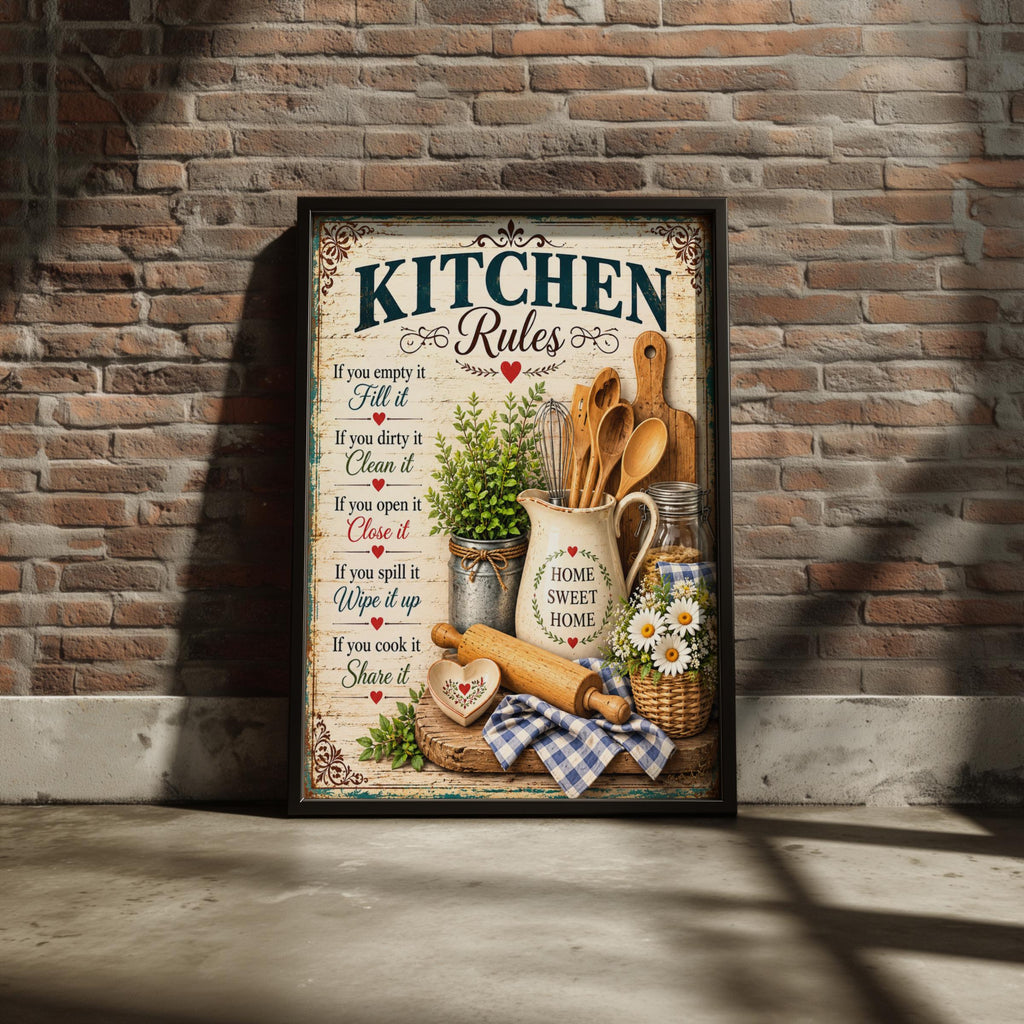 Vintage Kitchen Rules Poster, Farmhouse Home Sweet Home Wall Art Print