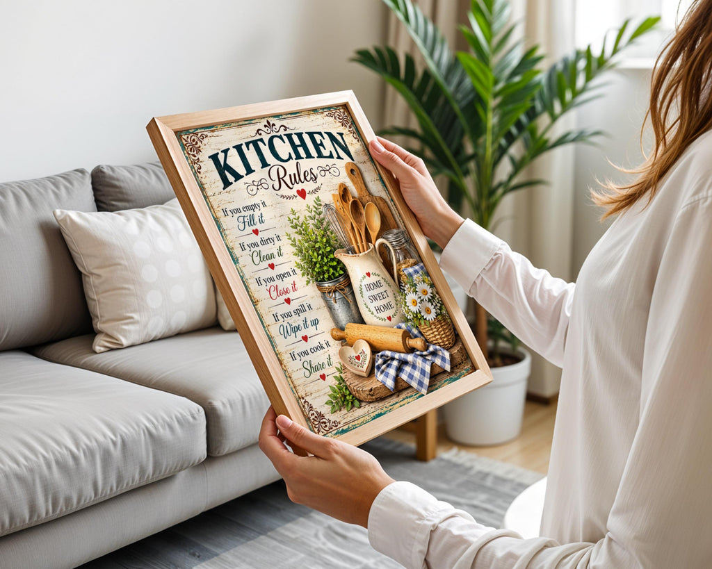 Vintage Kitchen Rules Poster, Farmhouse Home Sweet Home Wall Art Print