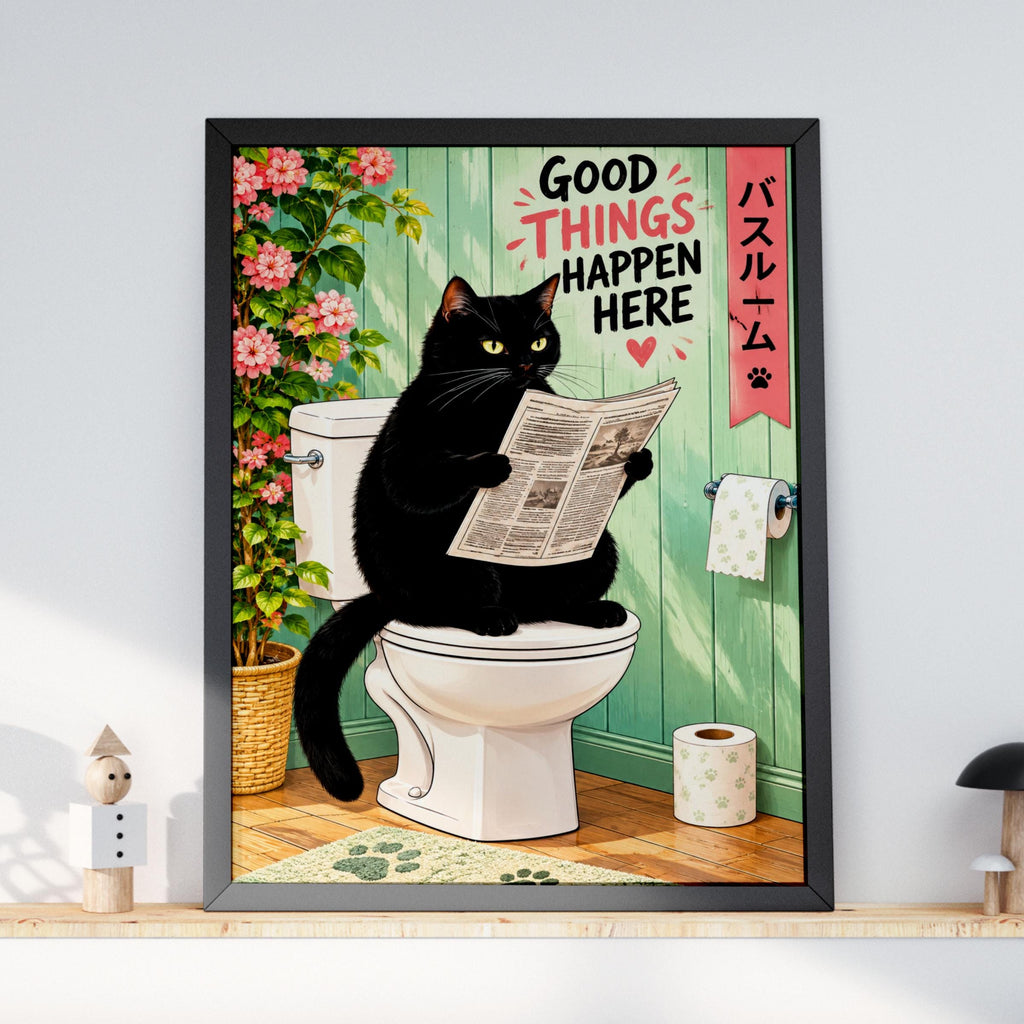 Black Cat on Toilet Reading Newspaper, Funny Bathroom Wall Art, Cute Loo Poster, Japanese Pink Green