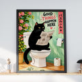 Black Cat on Toilet Reading Newspaper, Funny Bathroom Wall Art, Cute Loo Poster, Japanese Pink Green