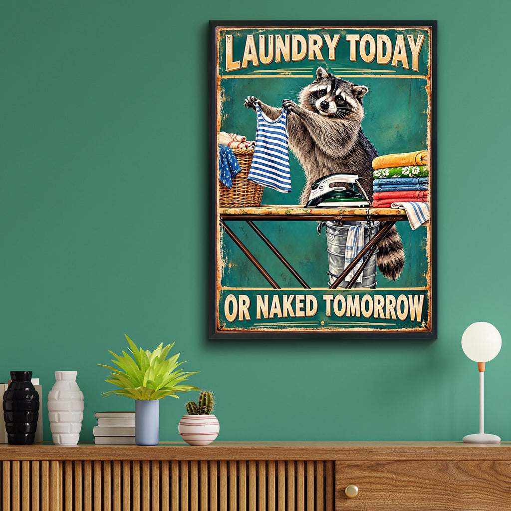 Raccoon Laundry Room Wall Art, Funny Vintage Tin Sign Style Print, Utility Room Poster