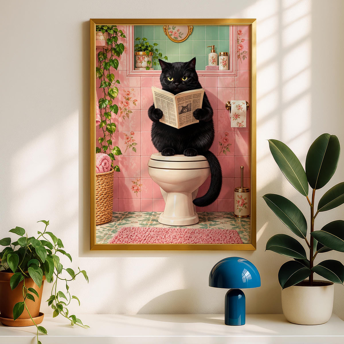 Black Cat Reading Newspaper on Toilet, Funny Bathroom Wall Art, Pink Retro Poster, Quirky Loo Decor
