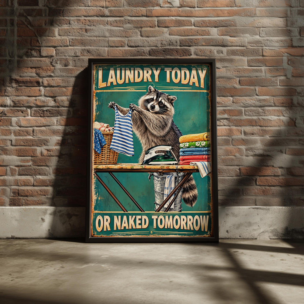 Raccoon Laundry Room Wall Art, Funny Vintage Tin Sign Style Print, Utility Room Poster