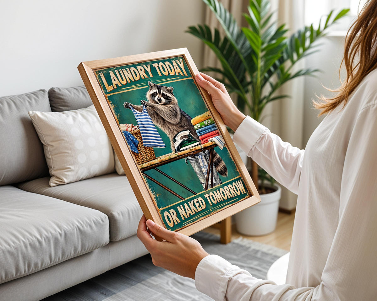 Raccoon Laundry Room Wall Art, Funny Vintage Tin Sign Style Print, Utility Room Poster