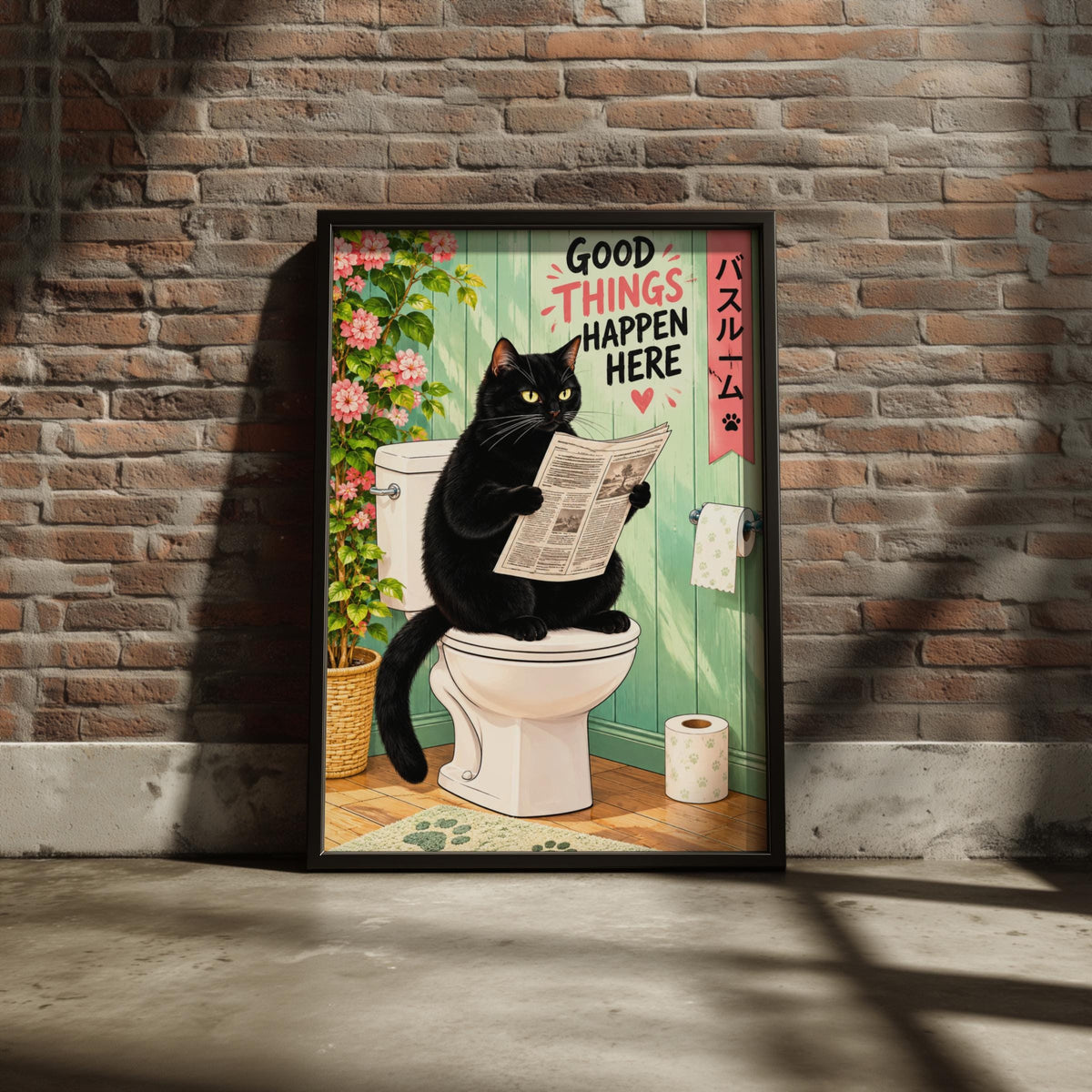 Black Cat on Toilet Reading Newspaper, Funny Bathroom Wall Art, Cute Loo Poster, Japanese Pink Green