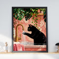 Black Cat Washing Paws Bathroom Wall Art, Pink Tile Print, Monstera Plants, Brass Tap