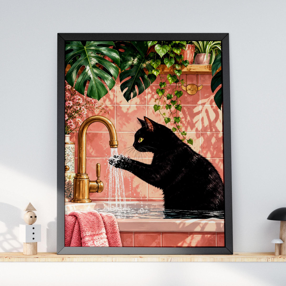 Black Cat Washing Paws Bathroom Wall Art, Pink Tile Print, Monstera Plants, Brass Tap