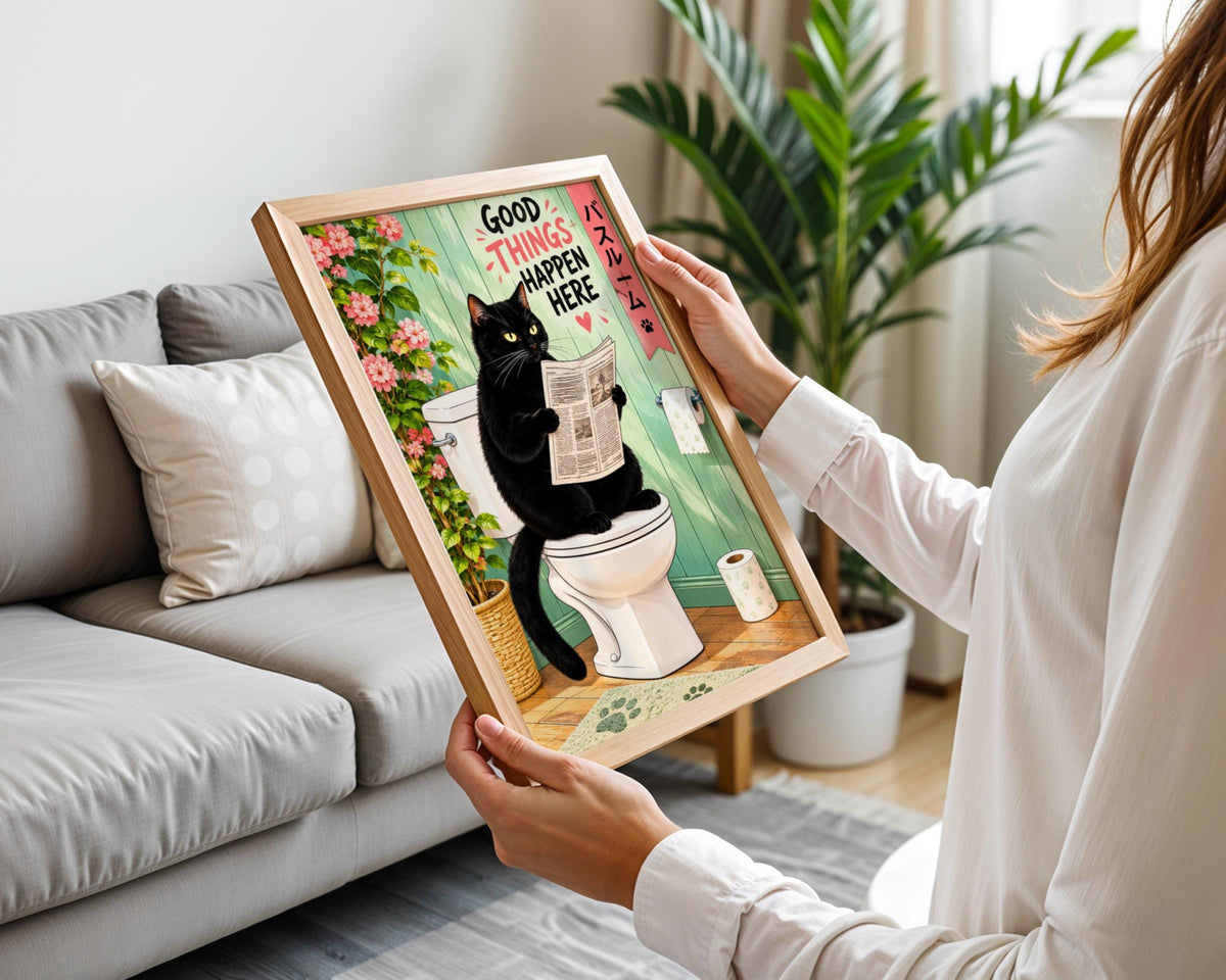 Black Cat on Toilet Reading Newspaper, Funny Bathroom Wall Art, Cute Loo Poster, Japanese Pink Green