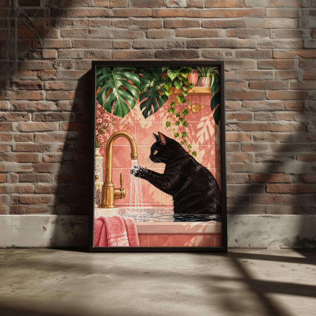 Black Cat Washing Paws Bathroom Wall Art, Pink Tile Print, Monstera Plants, Brass Tap