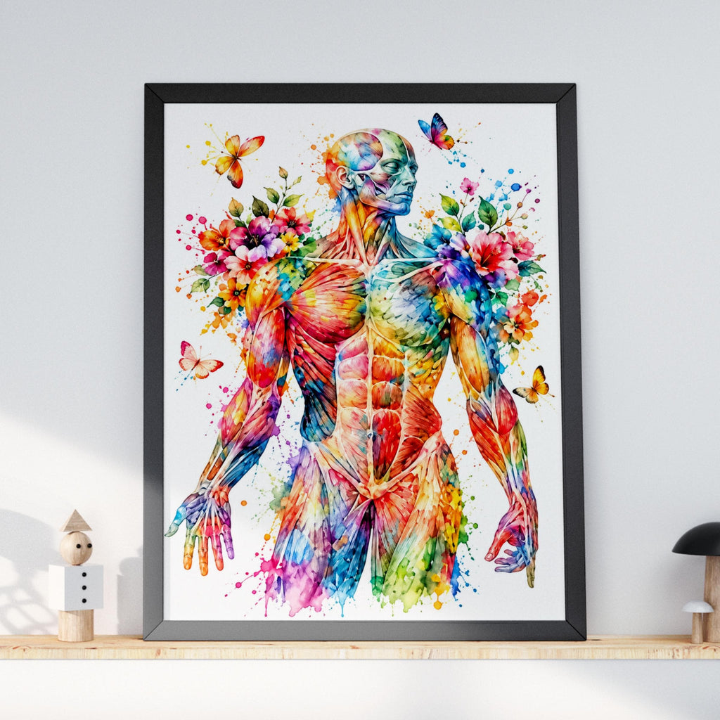 Human Muscle Anatomy Art Print, Watercolour Body Poster, Floral Butterfly Medical Wall Art, Physio