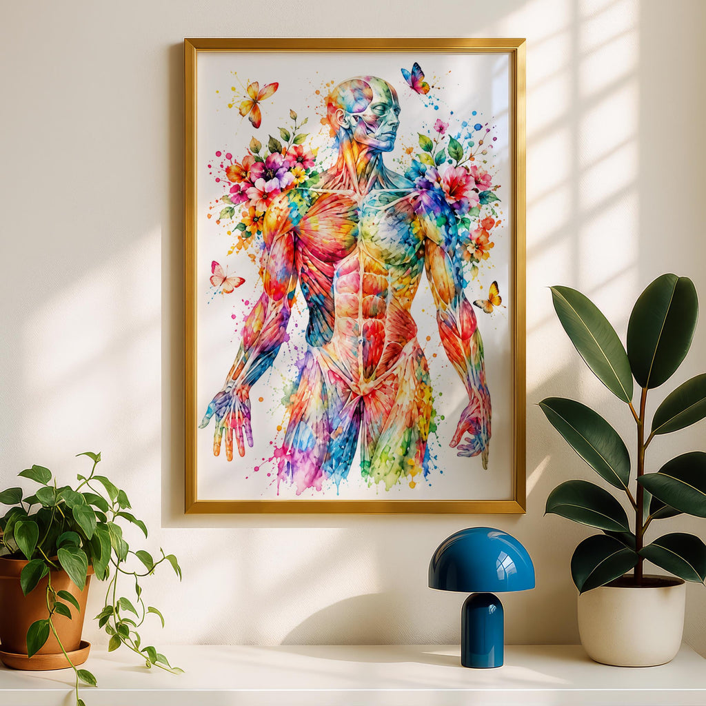 Human Muscle Anatomy Art Print, Watercolour Body Poster, Floral Butterfly Medical Wall Art, Physio