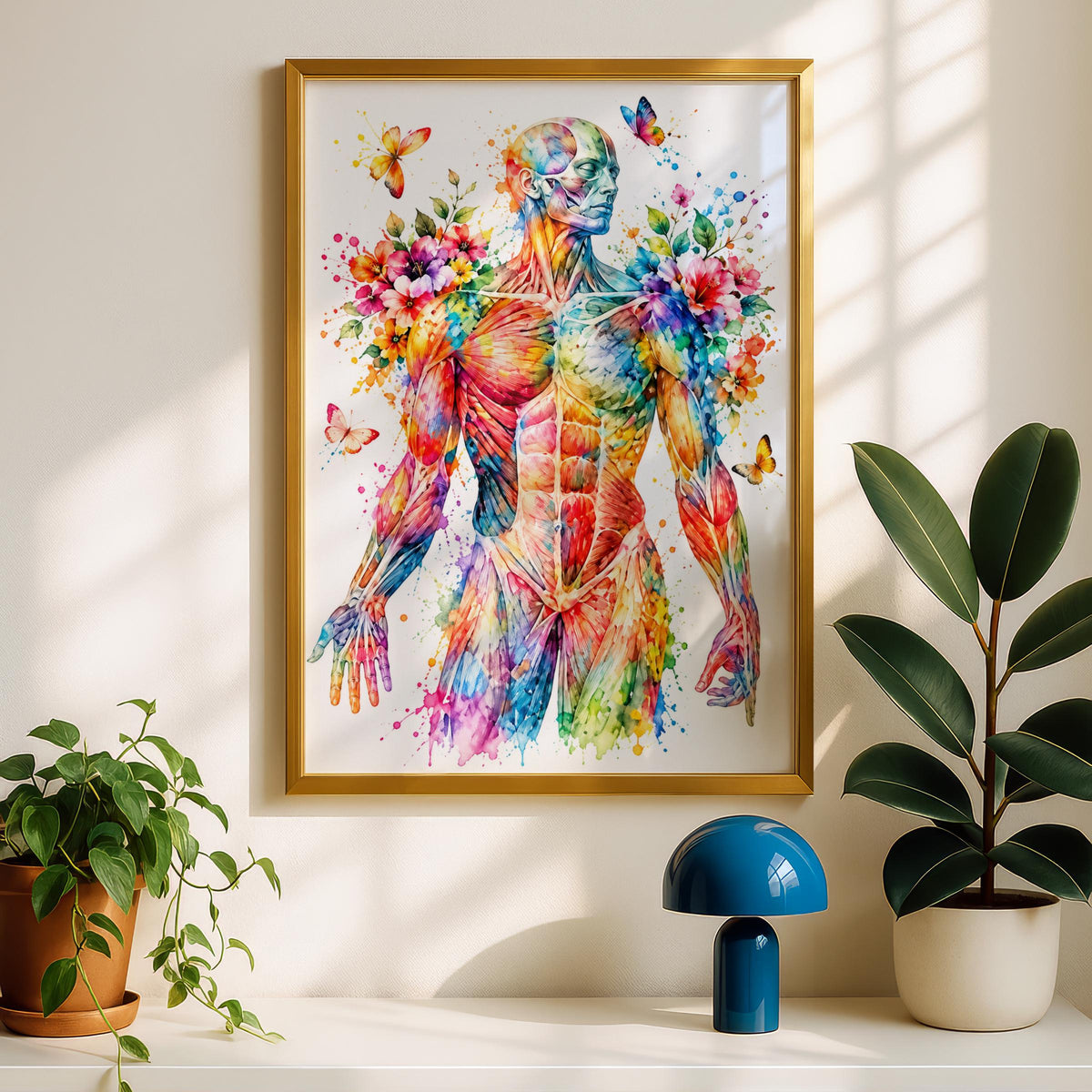 Human Muscle Anatomy Art Print, Watercolour Body Poster, Floral Butterfly Medical Wall Art, Physio