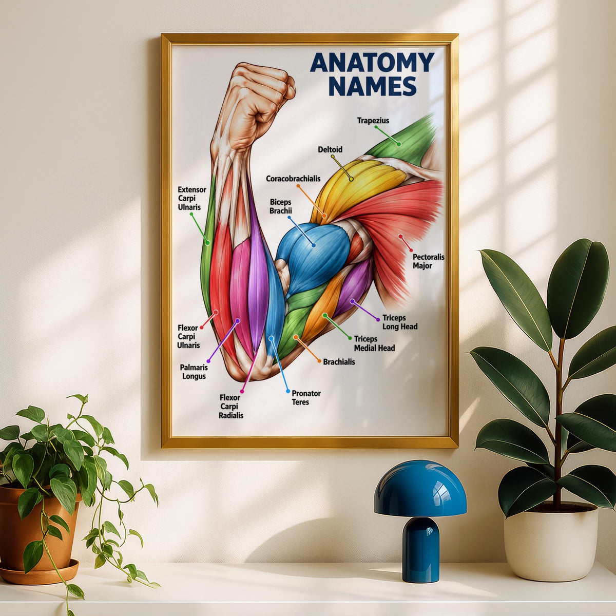Arm Muscles Anatomy Poster, Muscle Names Chart, Biceps Triceps Deltoid, Medical Education Wall Art