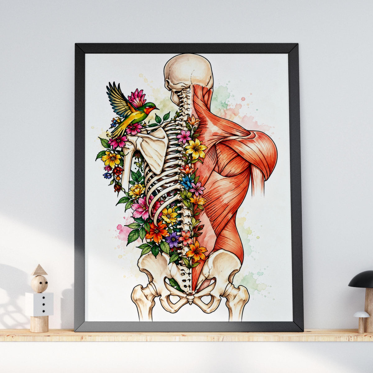 Floral Anatomy Poster, Skeleton and Muscle Back Art Print, Watercolour Botanical Anatomical Wall Art