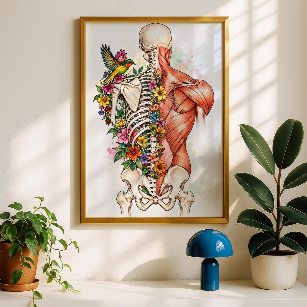 Floral Anatomy Poster, Skeleton and Muscle Back Art Print, Watercolour Botanical Anatomical Wall Art