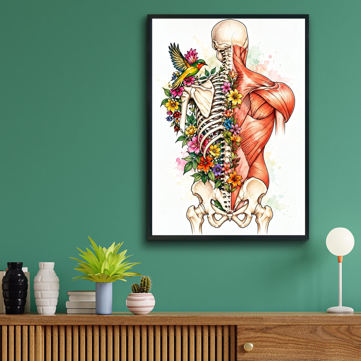 Floral Anatomy Poster, Skeleton and Muscle Back Art Print, Watercolour Botanical Anatomical Wall Art