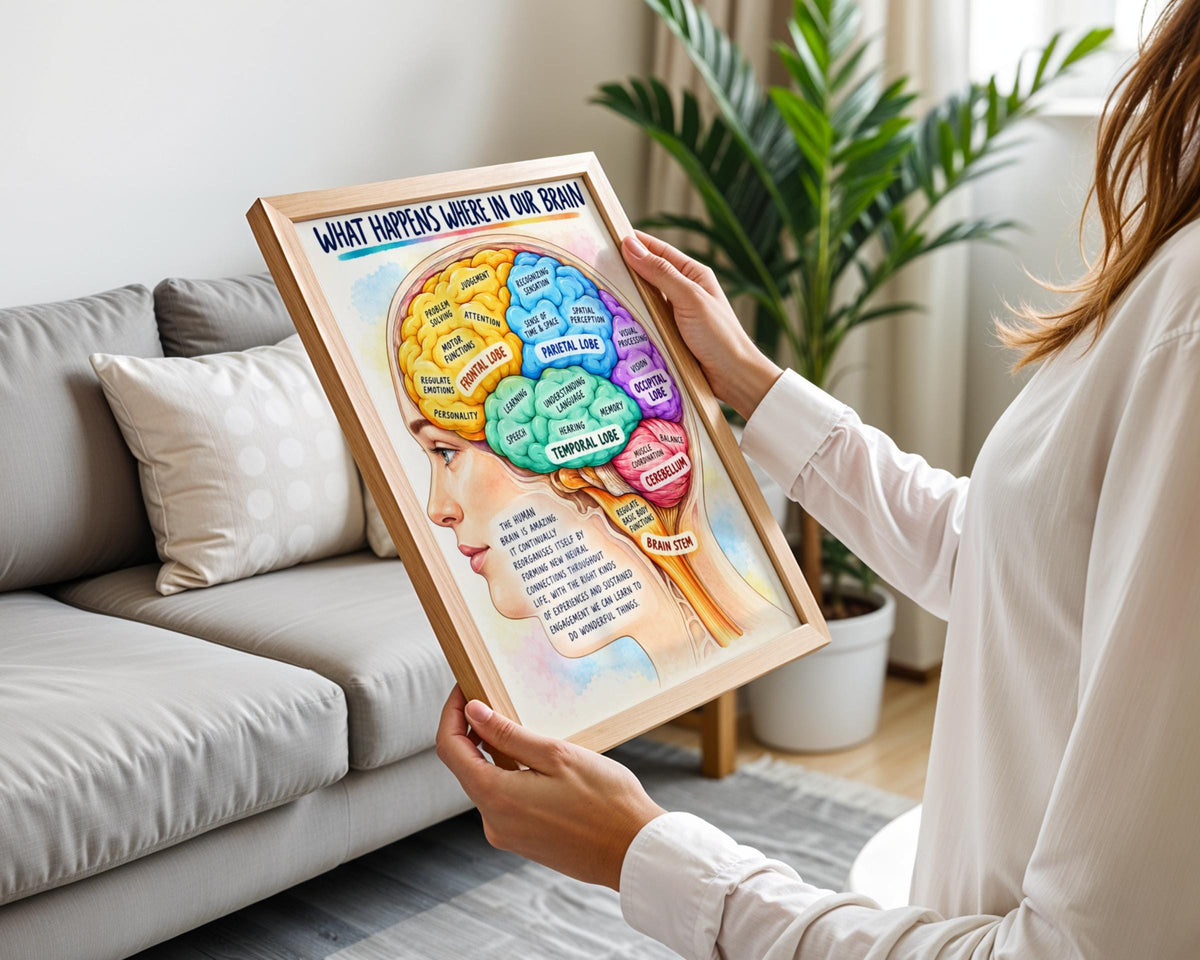 Brain Anatomy Poster, Colourful Lobes Diagram, Neuroscience Classroom Wall Art, Psychology Print