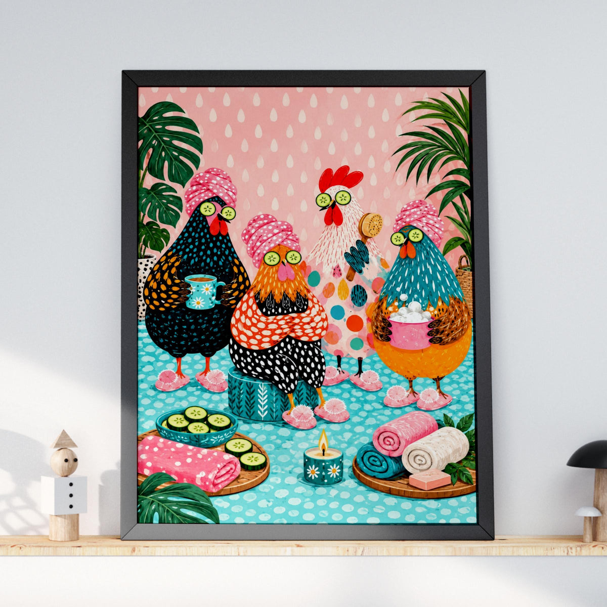 Funny Chicken Spa Day Art Print, Hen Party Poster, Quirky Bathroom Wall Art, Colourful Pink Teal