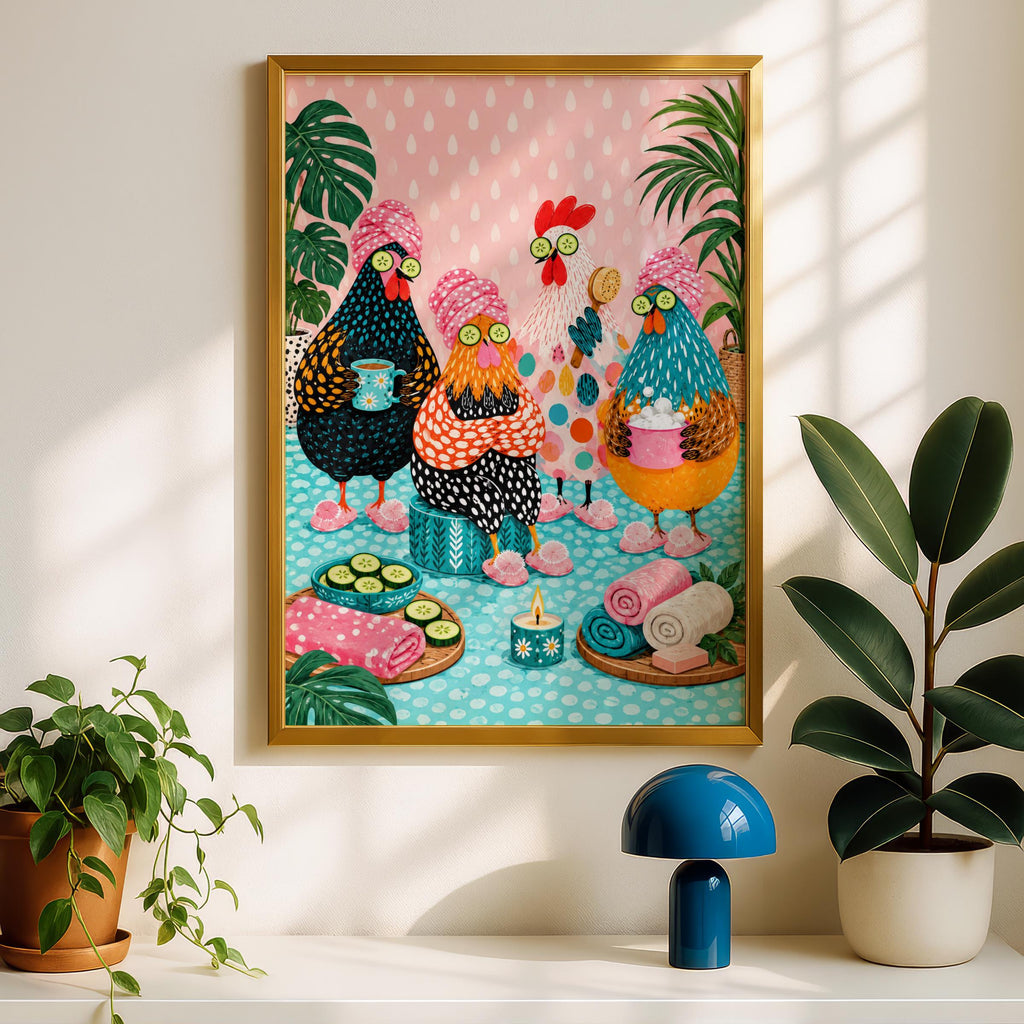 Funny Chicken Spa Day Art Print, Hen Party Poster, Quirky Bathroom Wall Art, Colourful Pink Teal