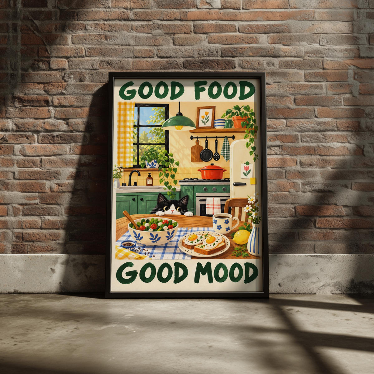 Good Food Good Mood Kitchen Poster, Cute Tuxedo Cat Wall Art, Green Yellow Dining Room Decor Print
