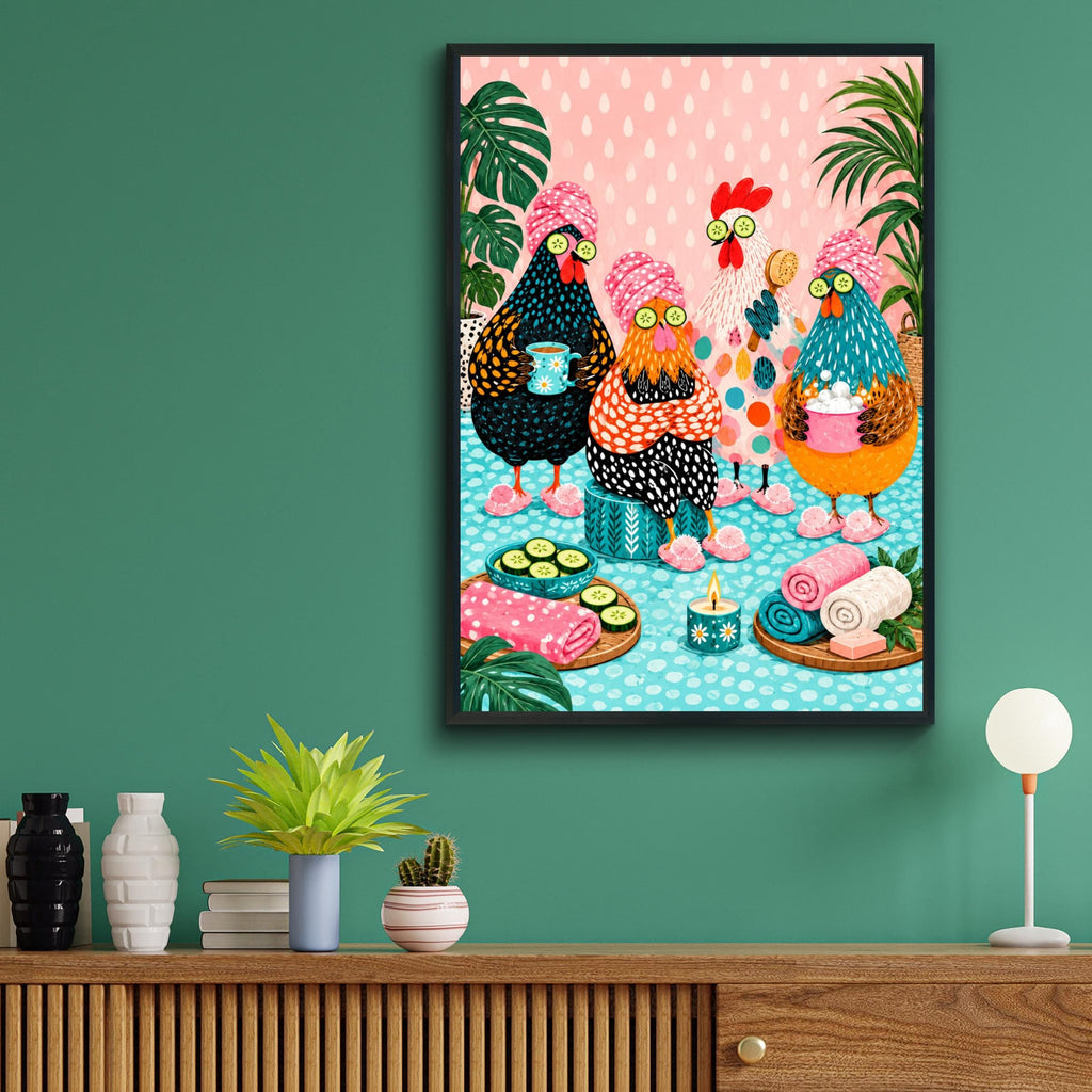 Funny Chicken Spa Day Art Print, Hen Party Poster, Quirky Bathroom Wall Art, Colourful Pink Teal