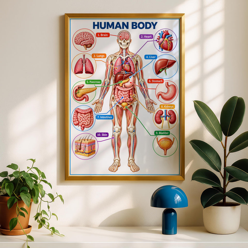 Human Body Anatomy Poster, Educational Organs Chart, Classroom Science Wall Art, Biology Print