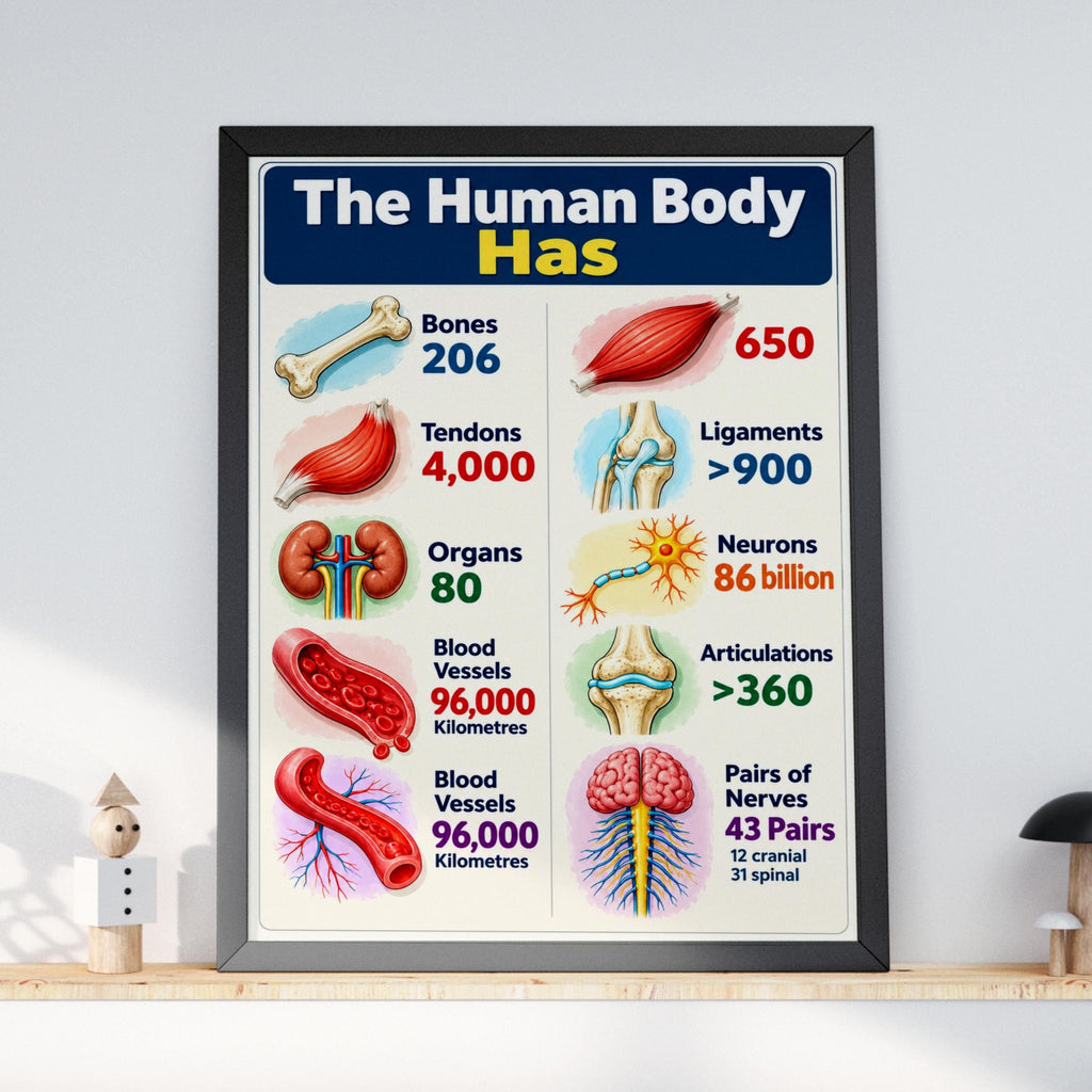 Human Body Facts Anatomy Poster, Educational Wall Art, Bones Muscles Nerves Chart, Classroom
