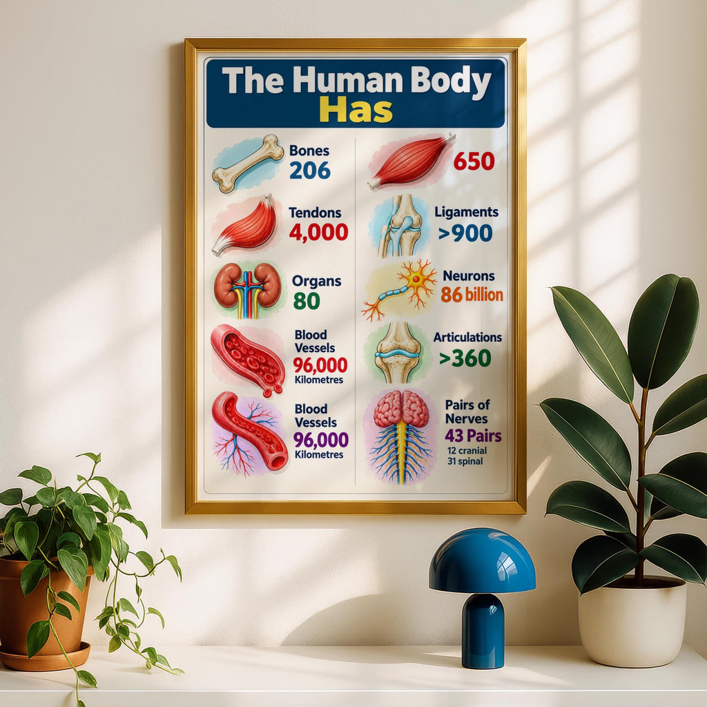 Human Body Facts Anatomy Poster, Educational Wall Art, Bones Muscles Nerves Chart, Classroom