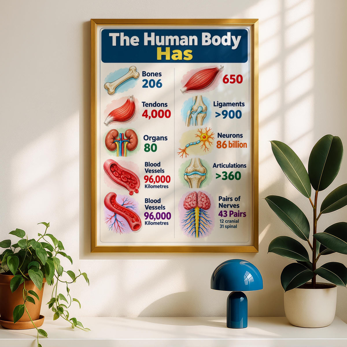 Human Body Facts Anatomy Poster, Educational Wall Art, Bones Muscles Nerves Chart, Classroom