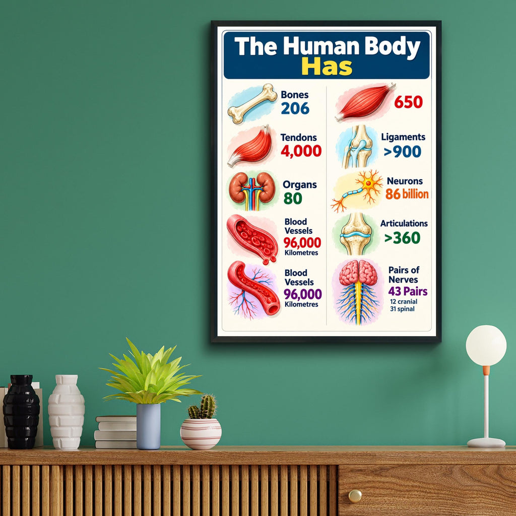 Human Body Facts Anatomy Poster, Educational Wall Art, Bones Muscles Nerves Chart, Classroom