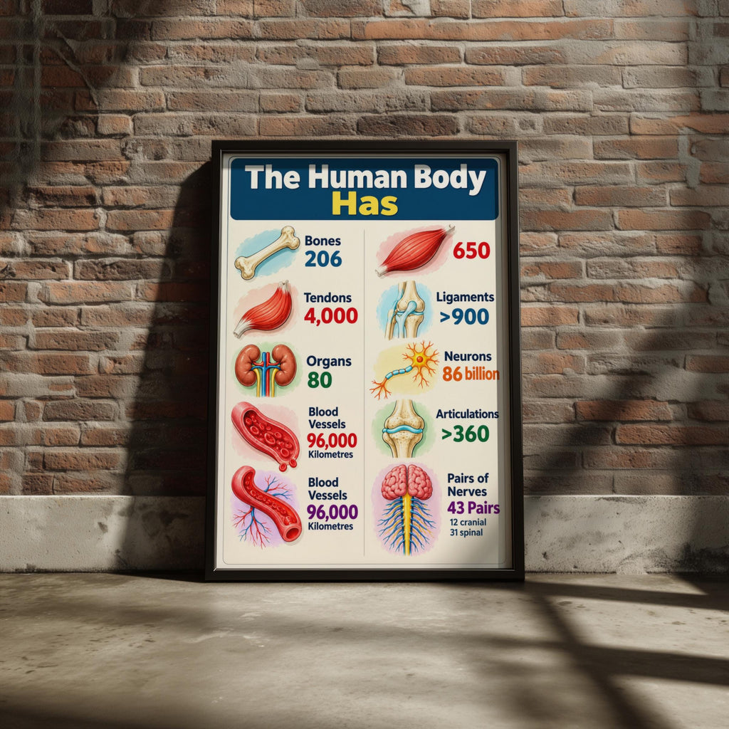 Human Body Facts Anatomy Poster, Educational Wall Art, Bones Muscles Nerves Chart, Classroom