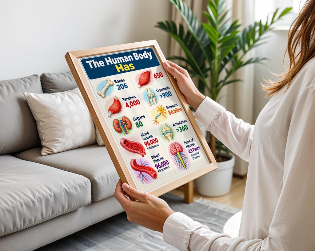 Human Body Facts Anatomy Poster, Educational Wall Art, Bones Muscles Nerves Chart, Classroom