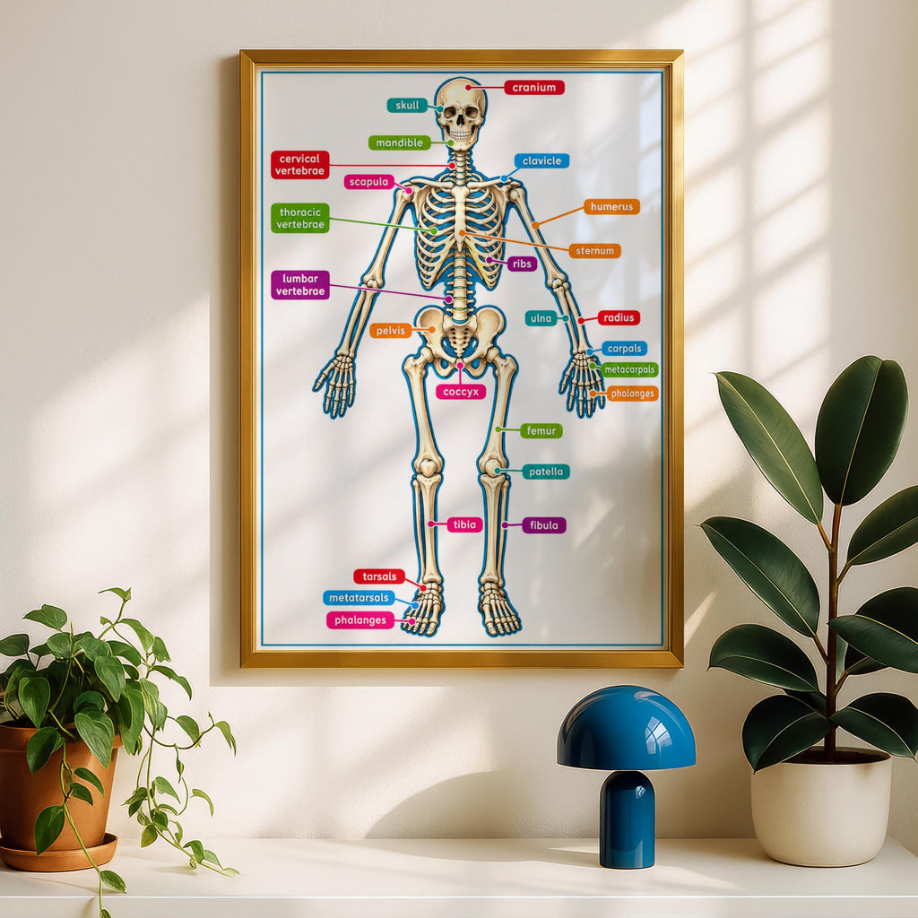 Human Skeleton Anatomy Poster, Labelled Bones Chart, Educational Biology Wall Art for Classroom