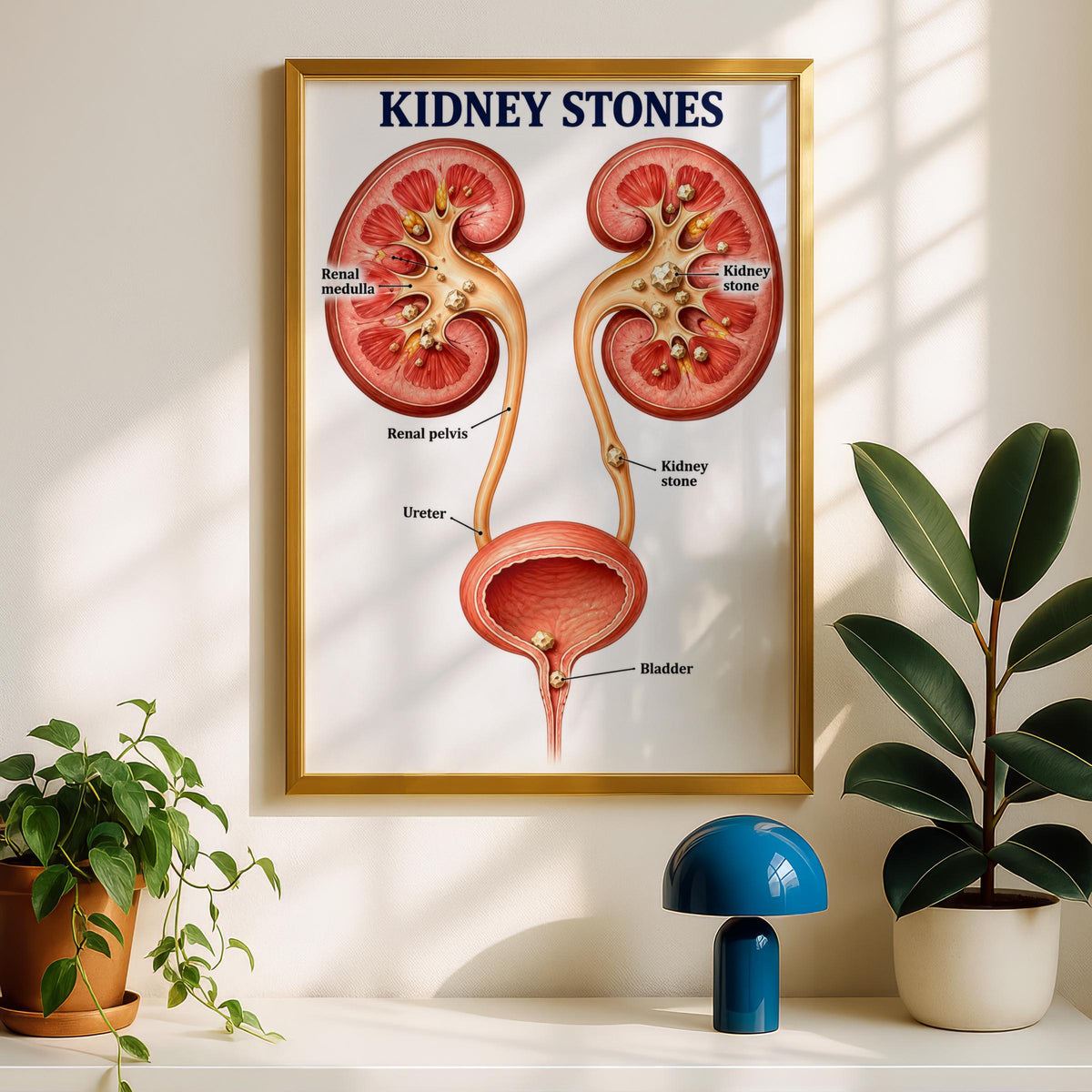 Kidney Stones Anatomy Poster, Urinary System Chart, Medical Illustration, Nephrology Clinic Decor