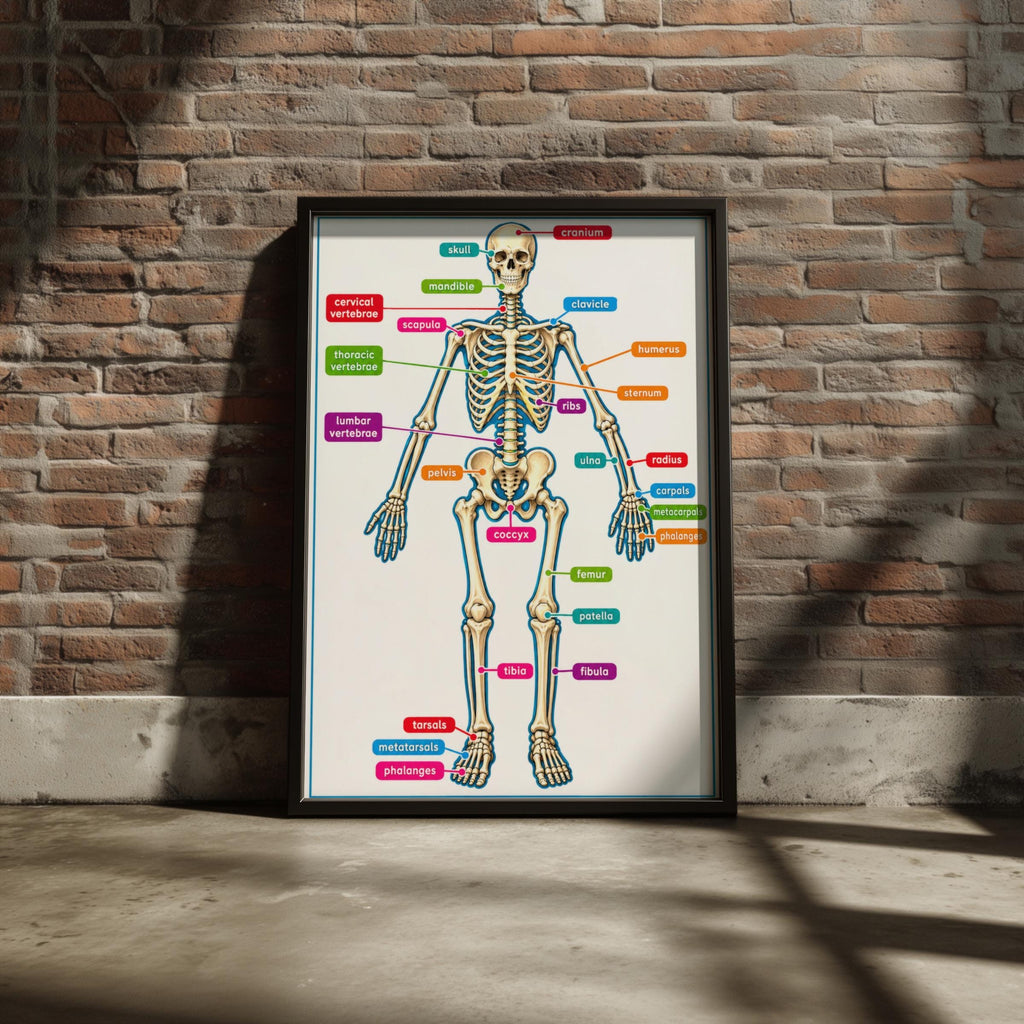 Human Skeleton Anatomy Poster, Labelled Bones Chart, Educational Biology Wall Art for Classroom