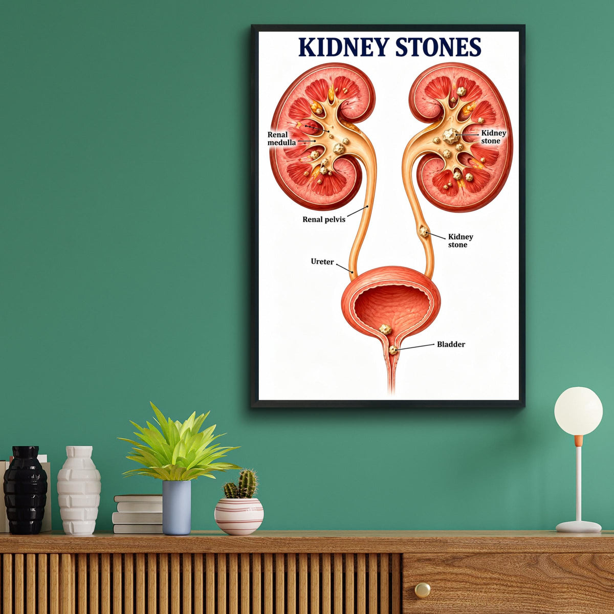 Kidney Stones Anatomy Poster, Urinary System Chart, Medical Illustration, Nephrology Clinic Decor