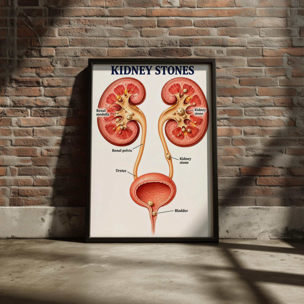 Kidney Stones Anatomy Poster, Urinary System Chart, Medical Illustration, Nephrology Clinic Decor