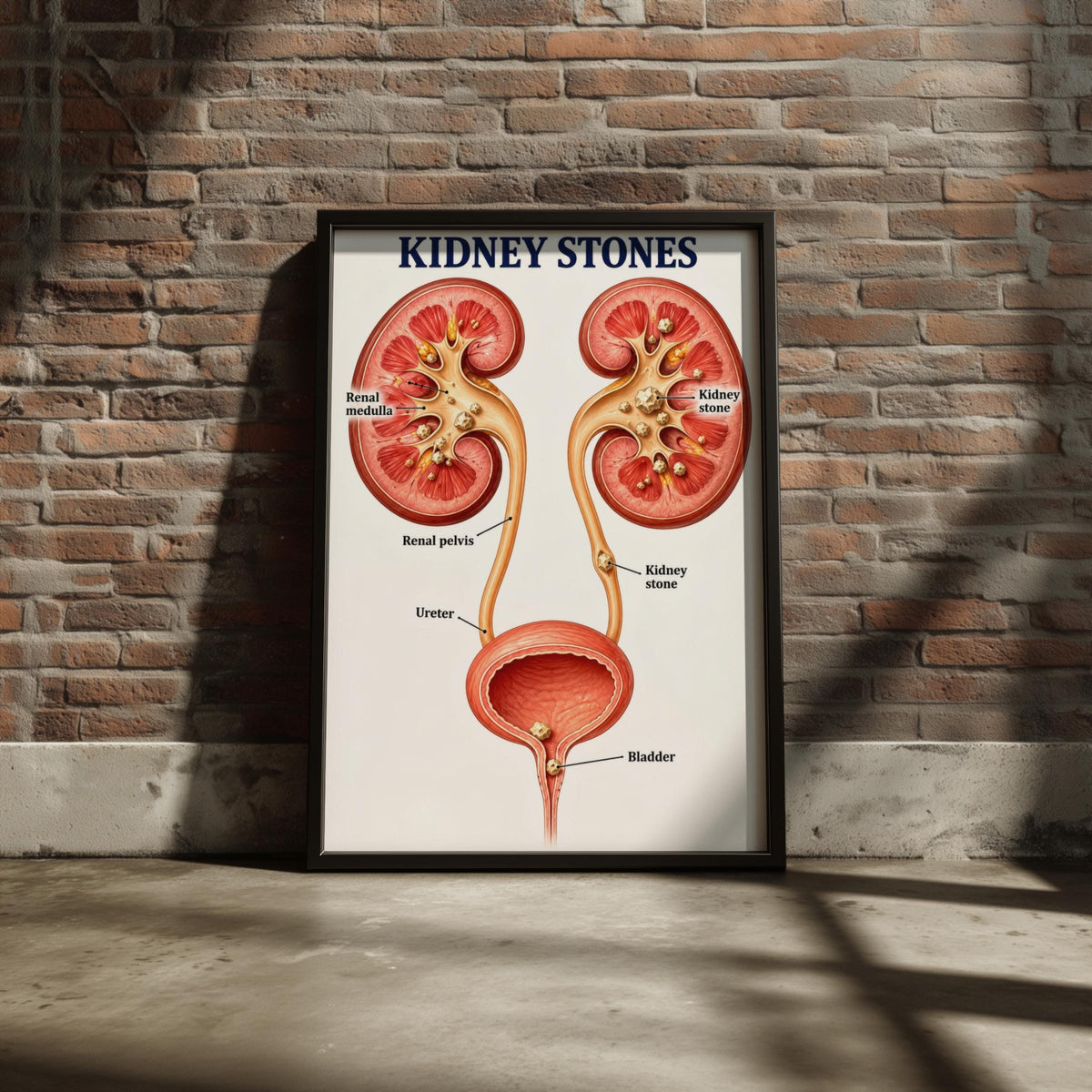 Kidney Stones Anatomy Poster, Urinary System Chart, Medical Illustration, Nephrology Clinic Decor