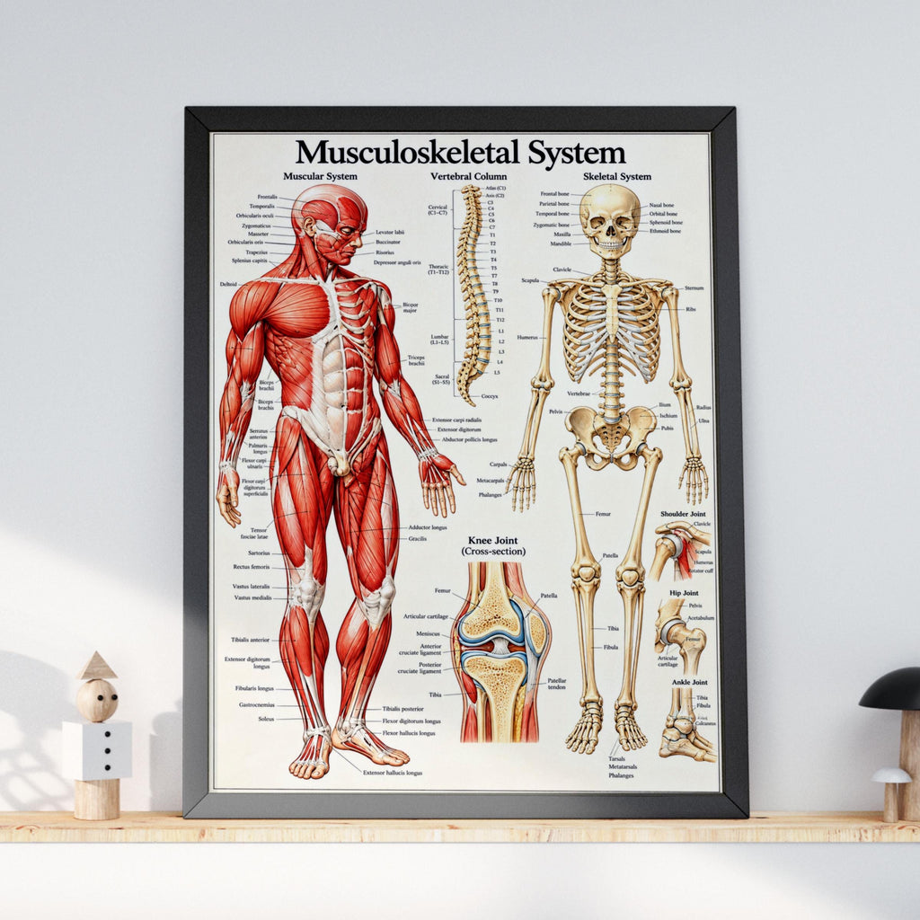 Musculoskeletal System Anatomy Poster, Human Muscle and Skeleton Chart, Medical Wall Art Print