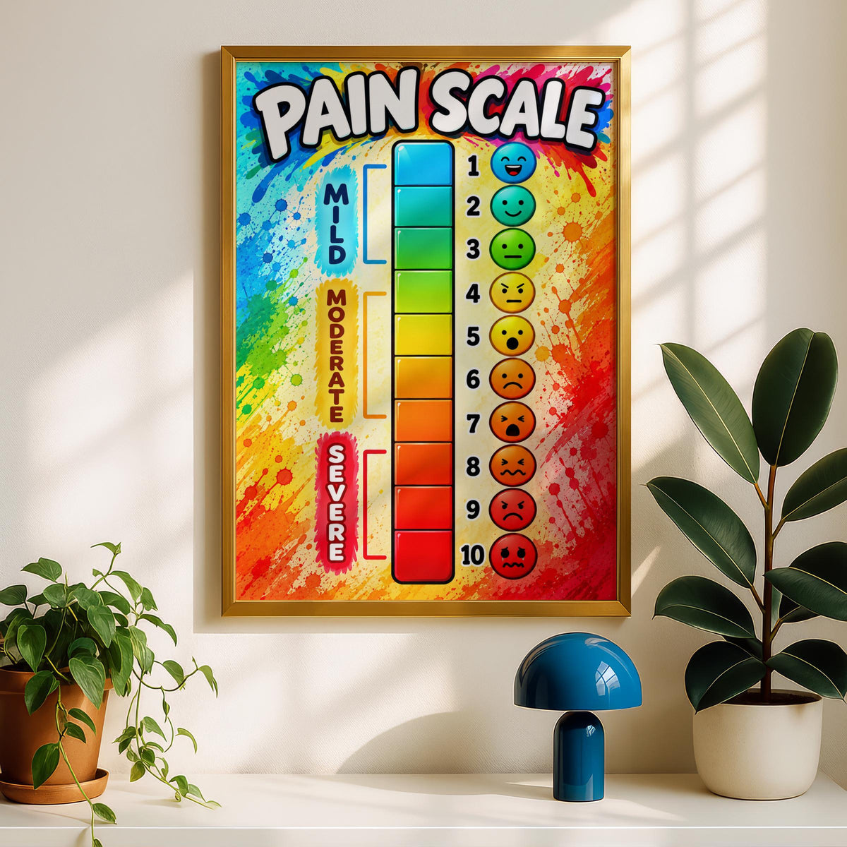 Pain Scale Poster, Colourful Pain Chart with Faces 1-10, Medical Office Wall Art, Nurse Print