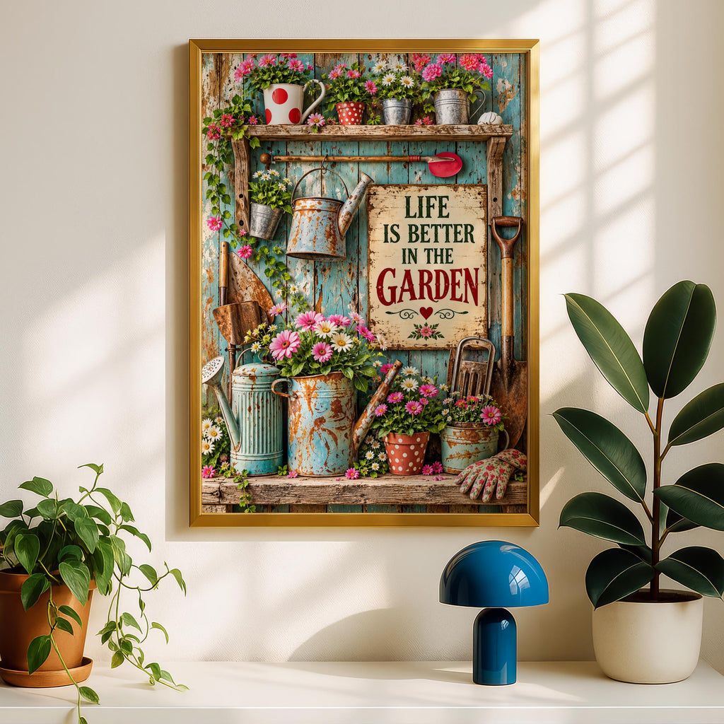 Life Is Better In The Garden Poster, Vintage Rustic Floral Wall Art, Gardening Gift Print
