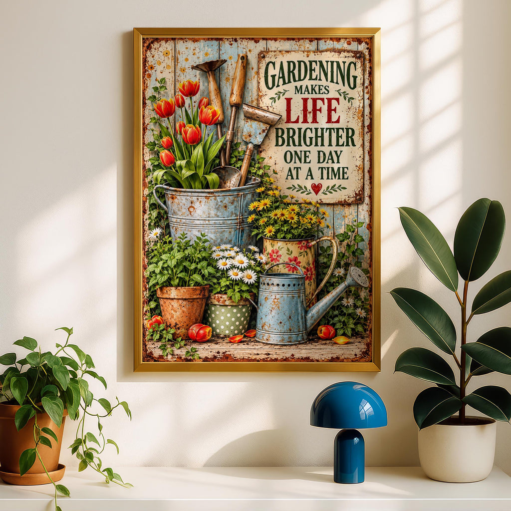 Gardening Makes Life Brighter Quote Print, Vintage Floral Poster, Garden Wall Art Gift